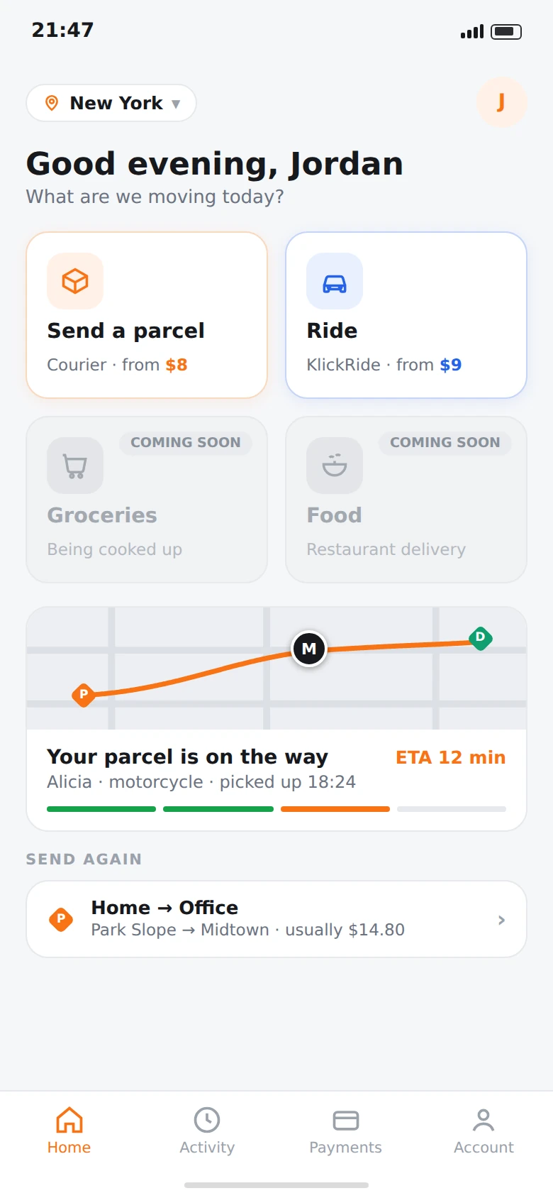 The Klick app home screen: send a parcel or book a ride, with a delivery already on its way