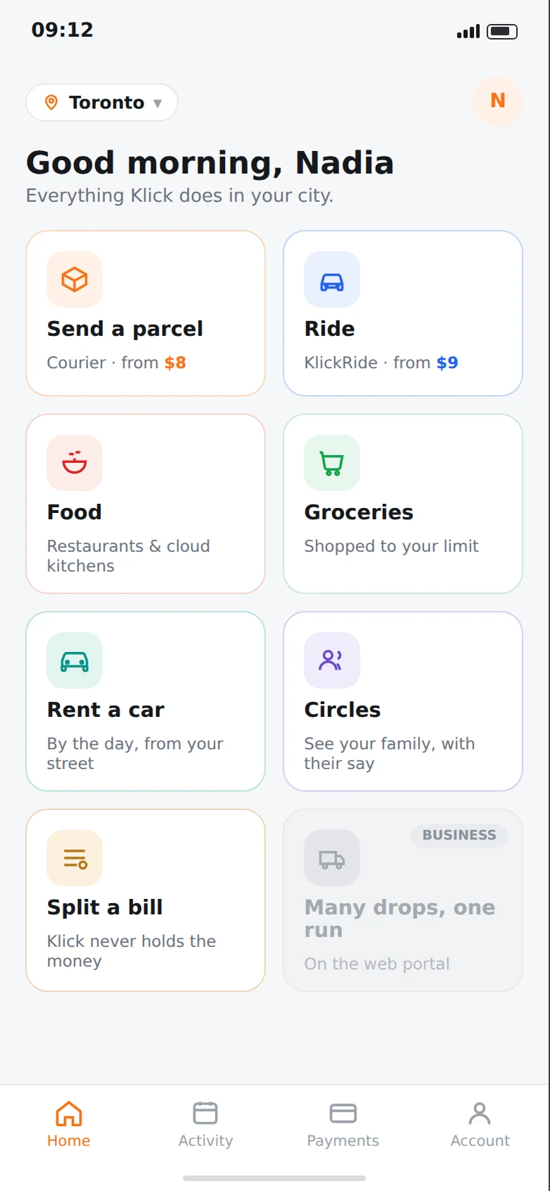 The Klick app home screen: parcels, rides, food, groceries, car rental, circles and bill splitting