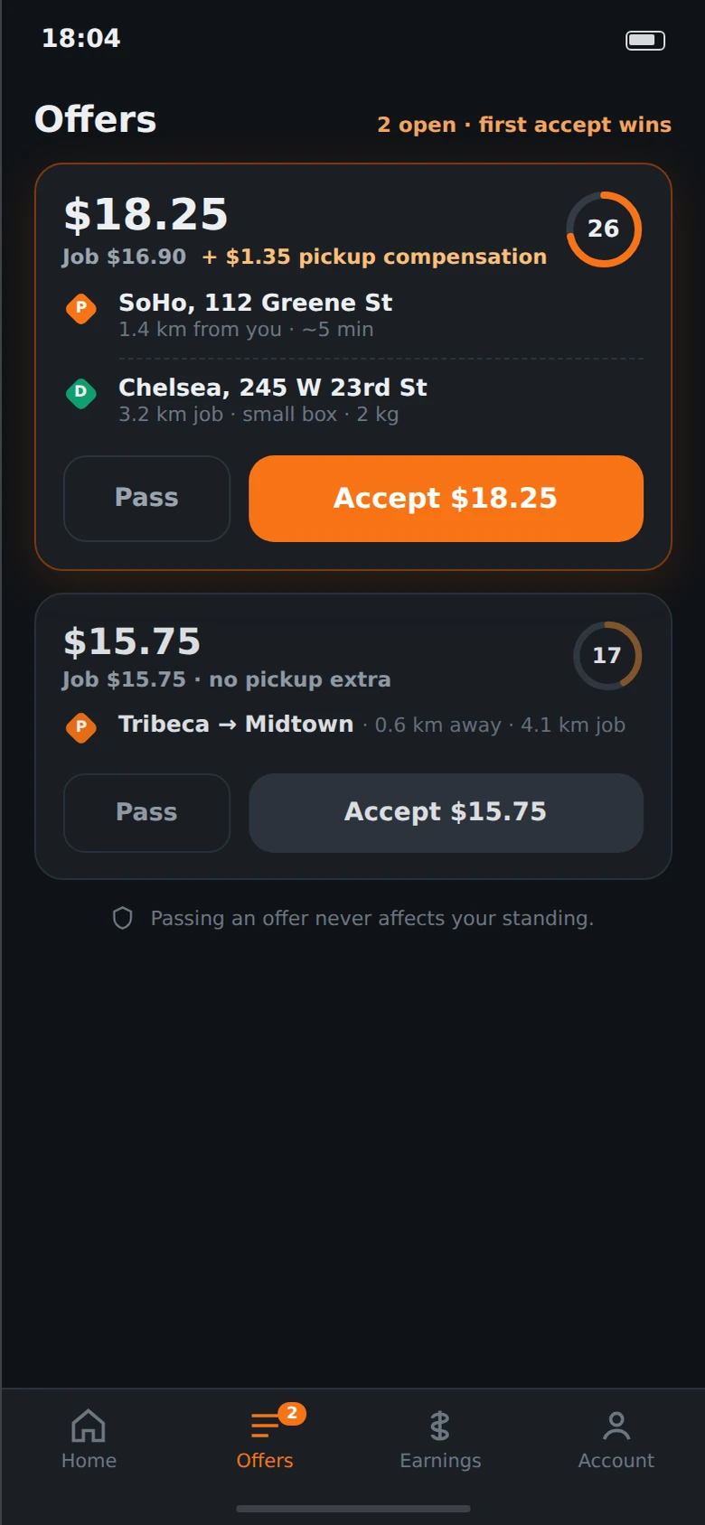 The Klick driver app offer inbox