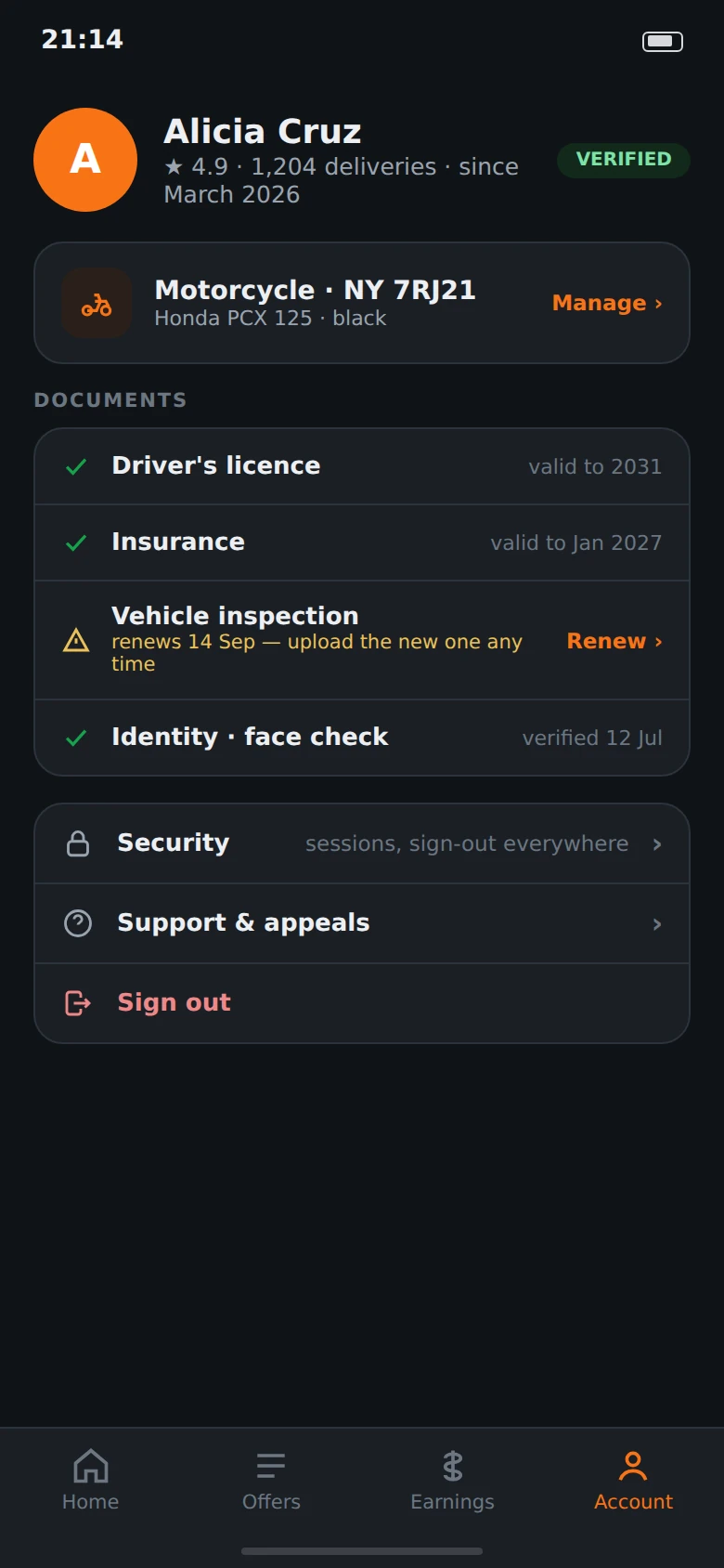 Driver account: documents listed with their expiry dates