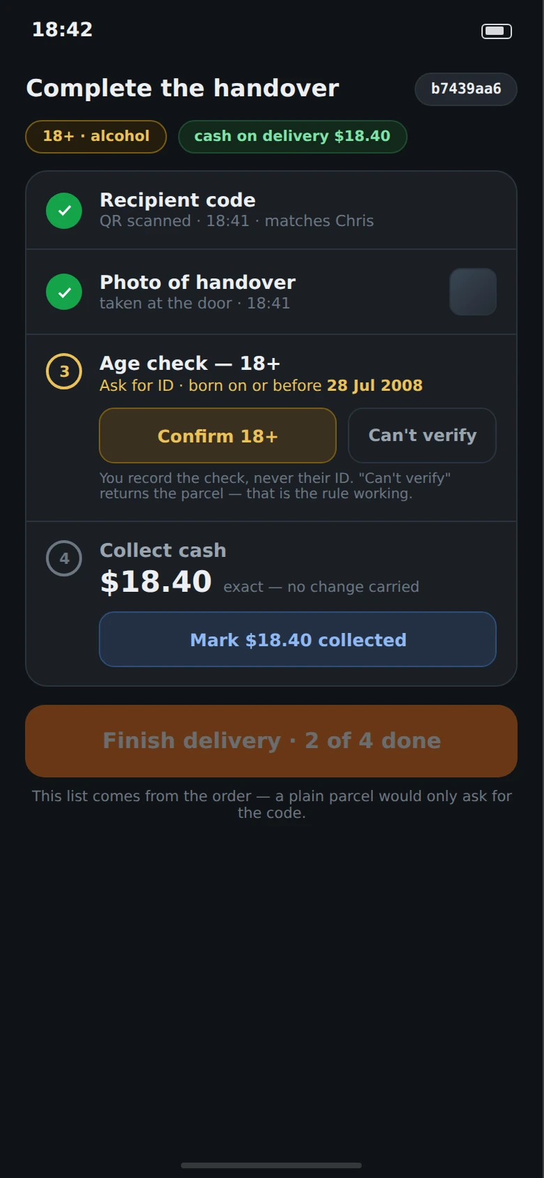Courier handover checklist: recipient code, photo, age check, cash collection